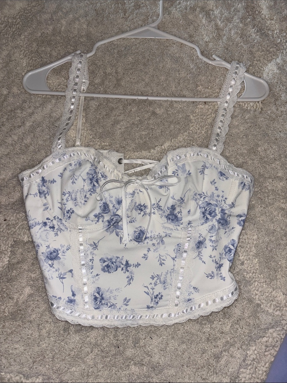 Garage White Crop Bustier Top with Blue Floral Print